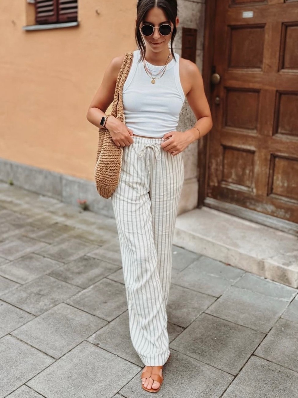 DKNY Linen Striped Pants black white